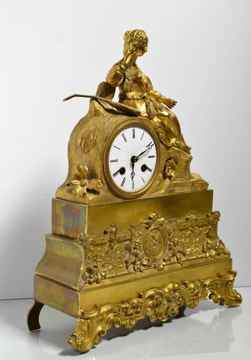 Fille Italienne Avec Mandoline Horloge Figurale Française En Bronze Doré 19ème Siècle-photo-3