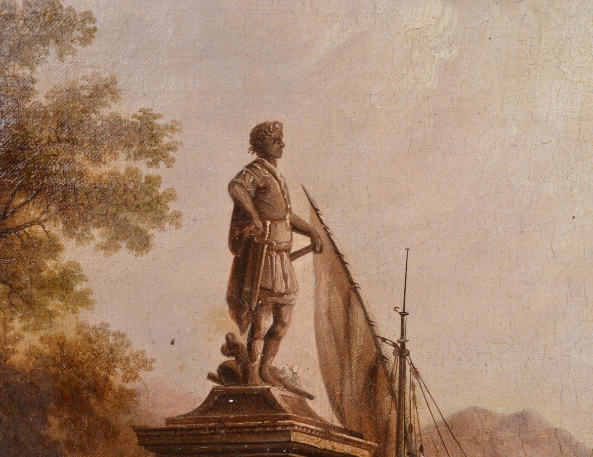 Navire Quittant La Baie Au Lever Du Soleil Paysage Marin Français Peinture à l'Huile Rococo Du -photo-4