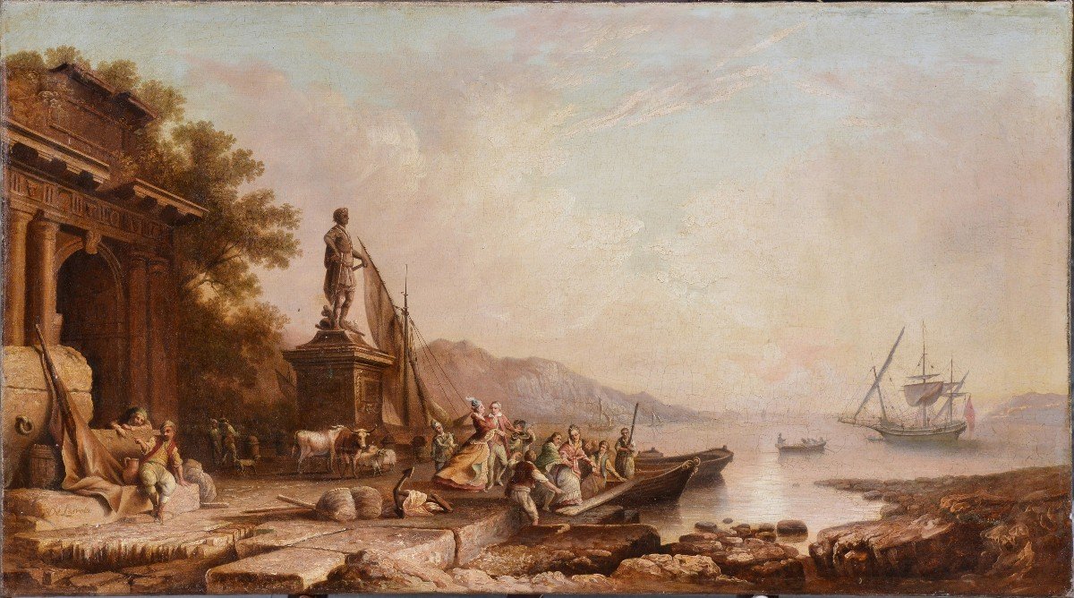 Navire Quittant La Baie Au Lever Du Soleil Paysage Marin Français Peinture à l'Huile Rococo Du 
