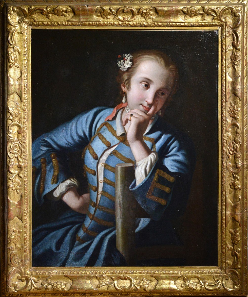 Portrait De Jeune Fille Alanguie En Camisole Bleu Maître Rococo Italien XVIIIe Siècle
