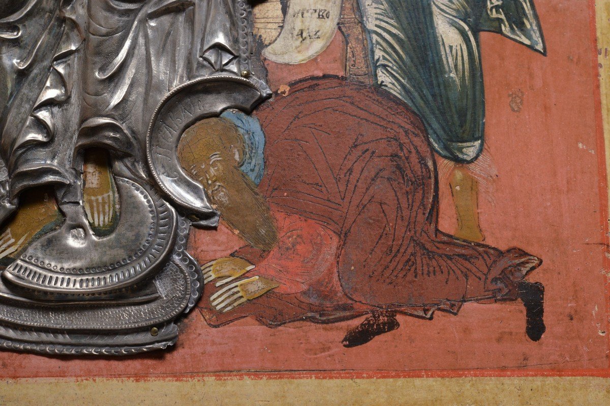 Deesis W Crouching Saints 18th Century Russian Icon Tempera Silver Pantocrator -photo-3