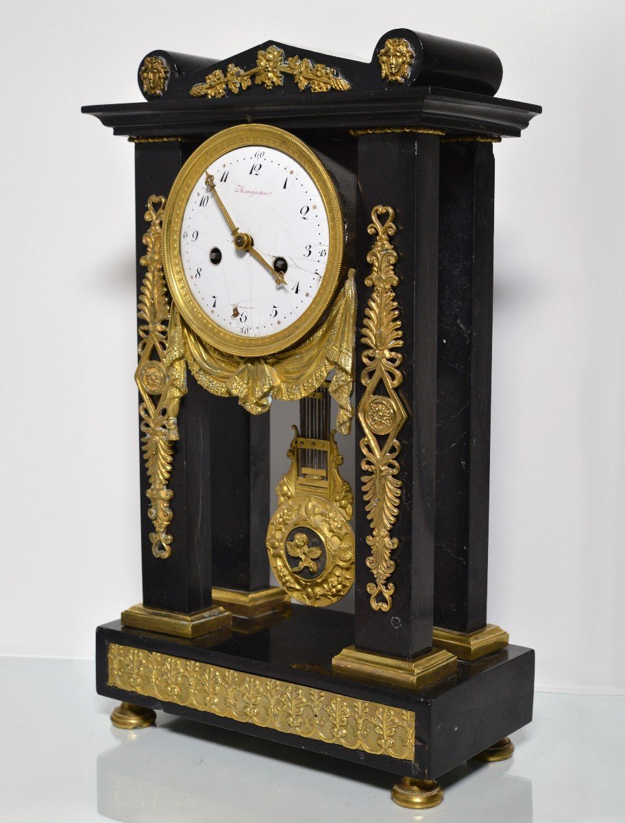 Versailles Manufacture French Portico Clock Black Stone Gilt Bronze 19th Century-photo-3