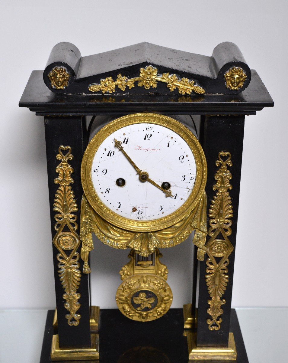 Versailles Manufacture French Portico Clock Black Stone Gilt Bronze 19th Century-photo-4