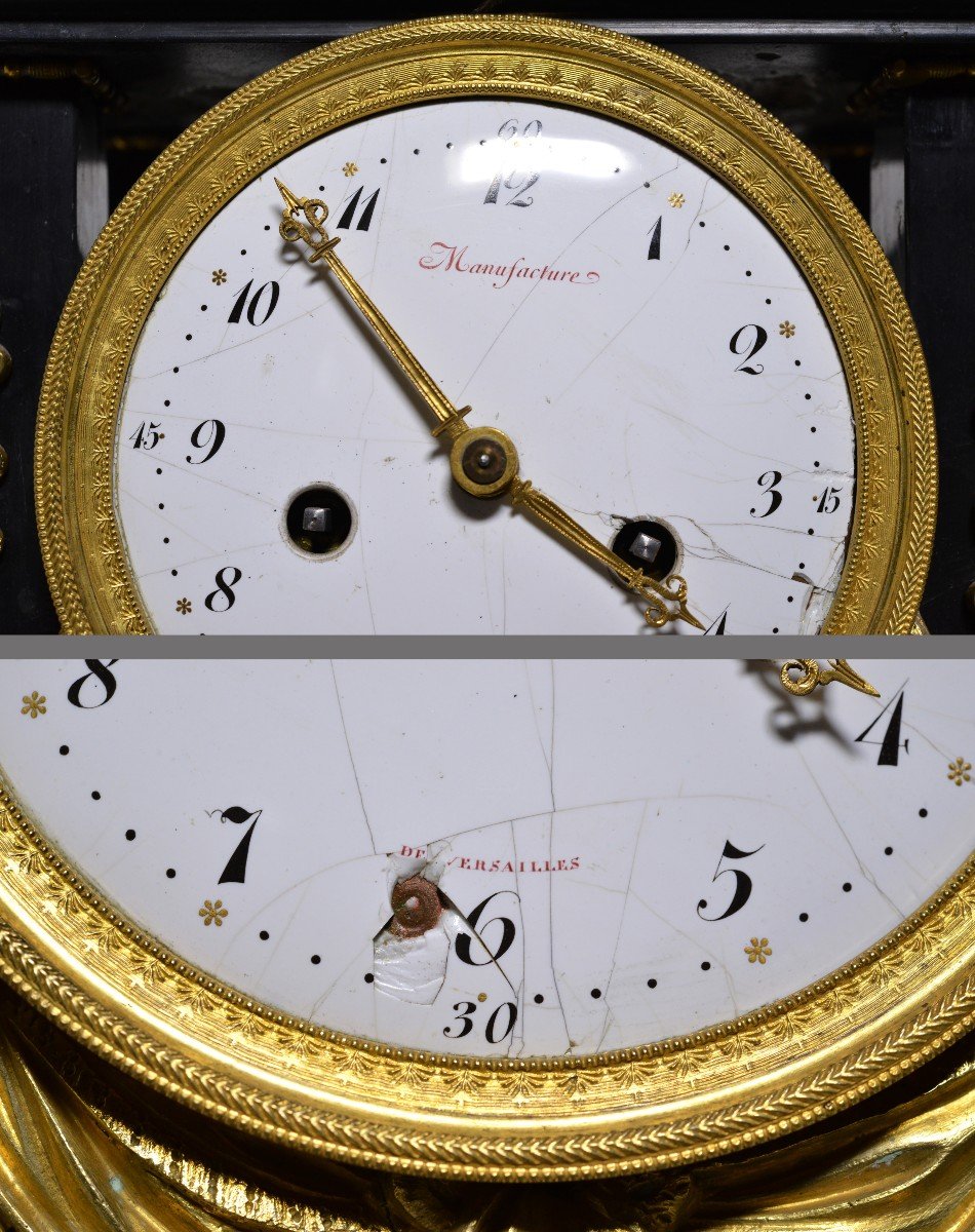 Versailles Manufacture French Portico Clock Black Stone Gilt Bronze 19th Century-photo-3
