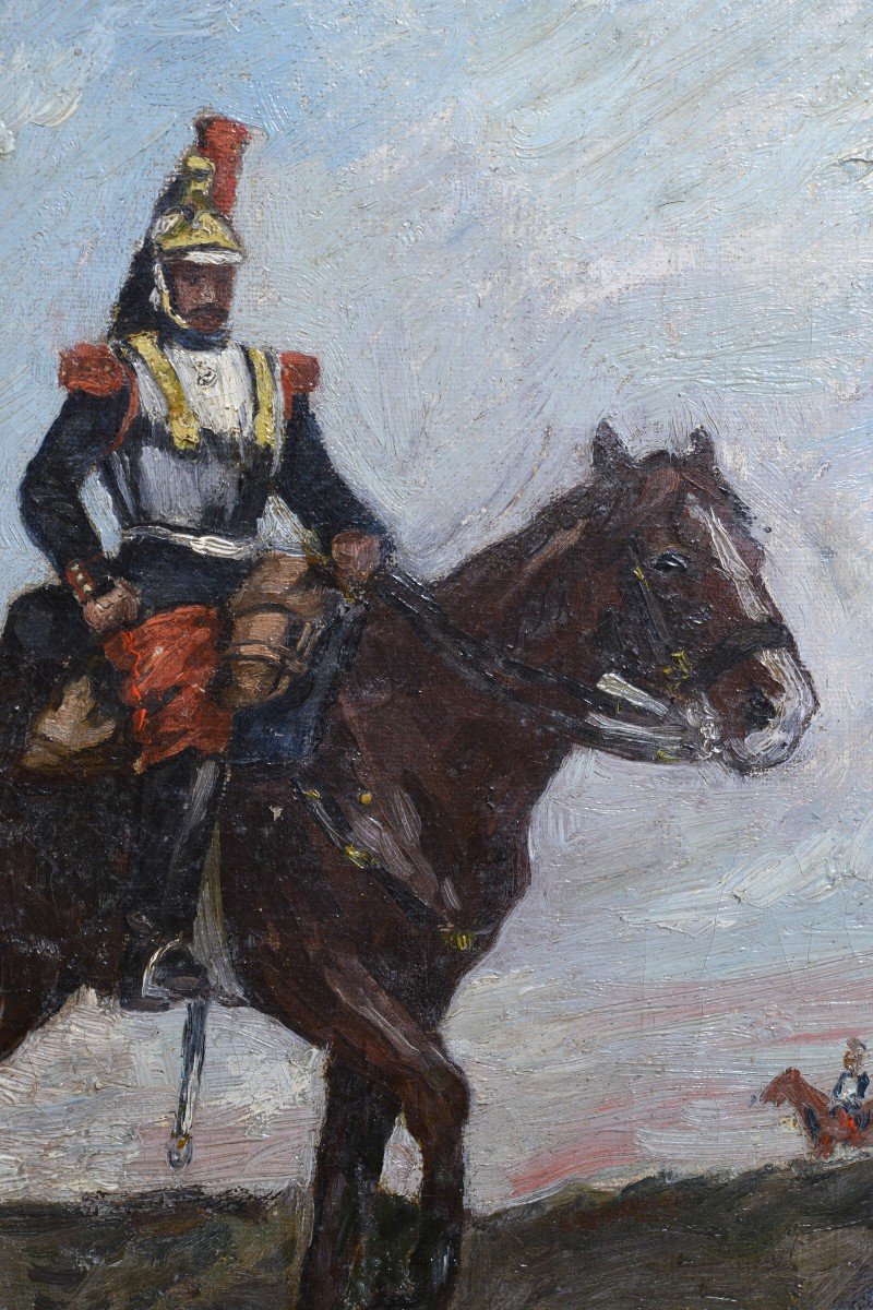 Cuirassier Français Sur Une Patrouille à Cheval Peinture à l'Huile Du 19ème Siècle Par Bonnefoy-photo-3