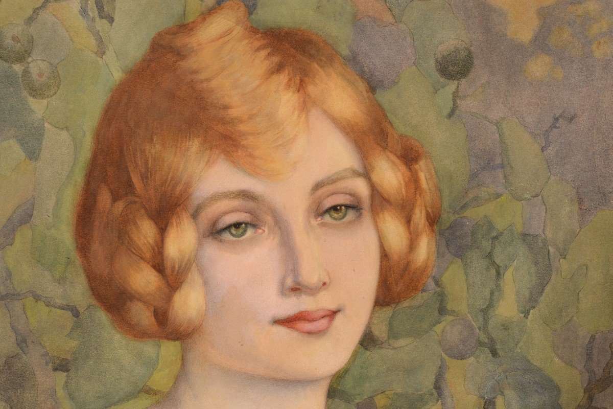 Art Nouveau Portrait Of Redhaired Lady Watercolor By French Master Brisgard-photo-3