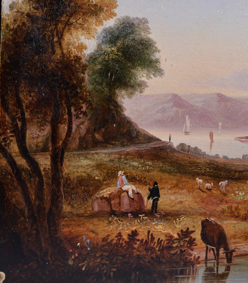 Paysage Pastoral Miniature Peinture à l'Huile Romantisme Du 19ème Siècle Sur Bois-photo-4