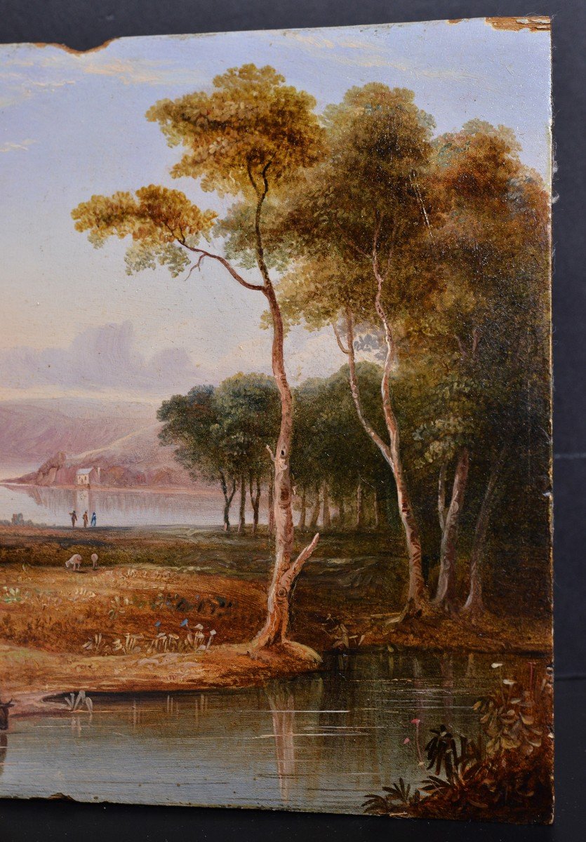 Paysage Pastoral Miniature Peinture à l'Huile Romantisme Du 19ème Siècle Sur Bois-photo-1