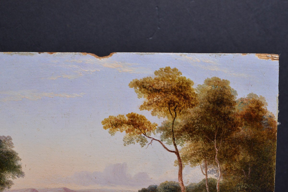 Paysage Pastoral Miniature Peinture à l'Huile Romantisme Du 19ème Siècle Sur Bois-photo-2