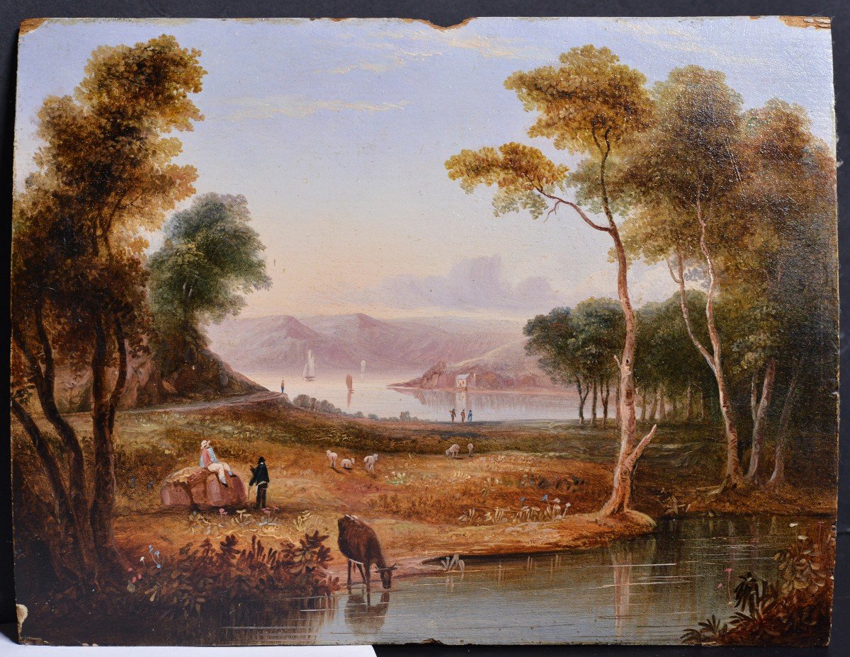 Paysage Pastoral Miniature Peinture à l'Huile Romantisme Du 19ème Siècle Sur Bois