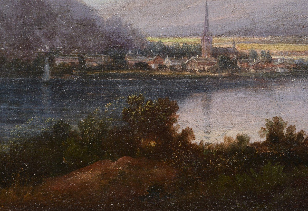 Paysage De Vallée Alpine Avec Château Sur Rocher Et Ville à River Bend 19e Siècle-photo-4