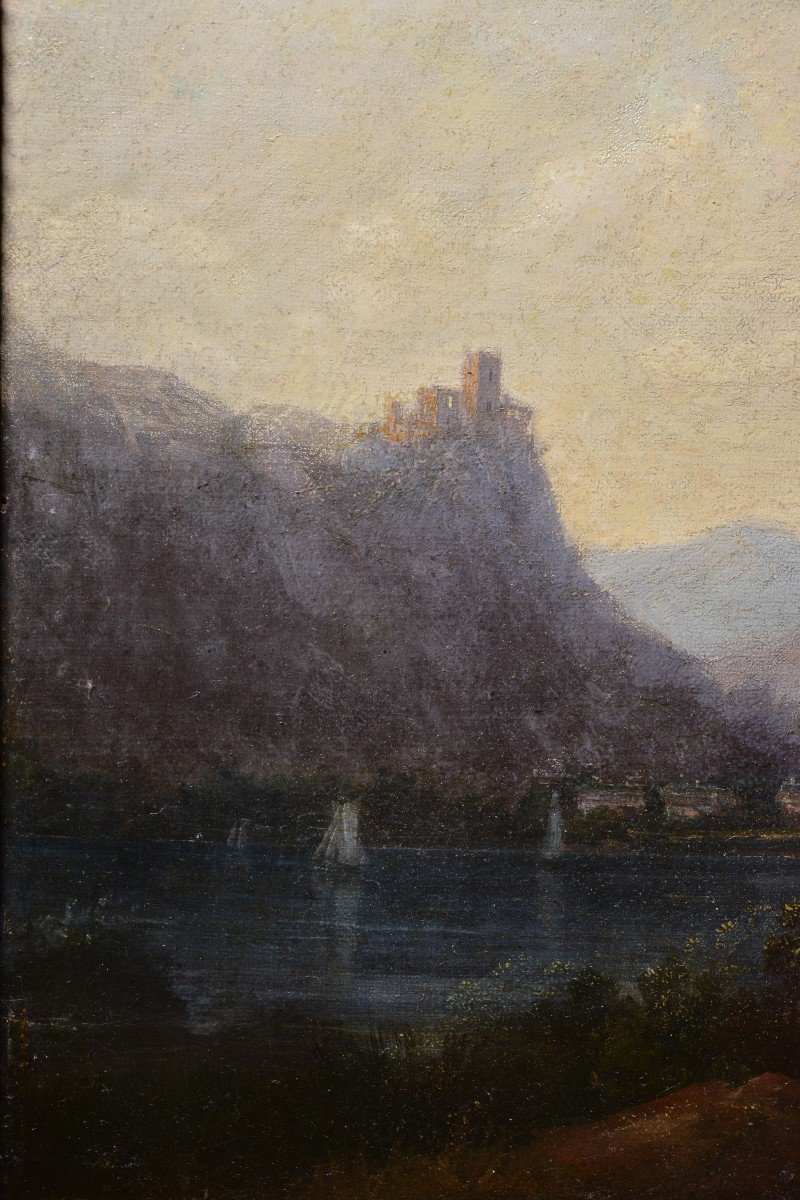 Paysage De Vallée Alpine Avec Château Sur Rocher Et Ville à River Bend 19e Siècle-photo-1