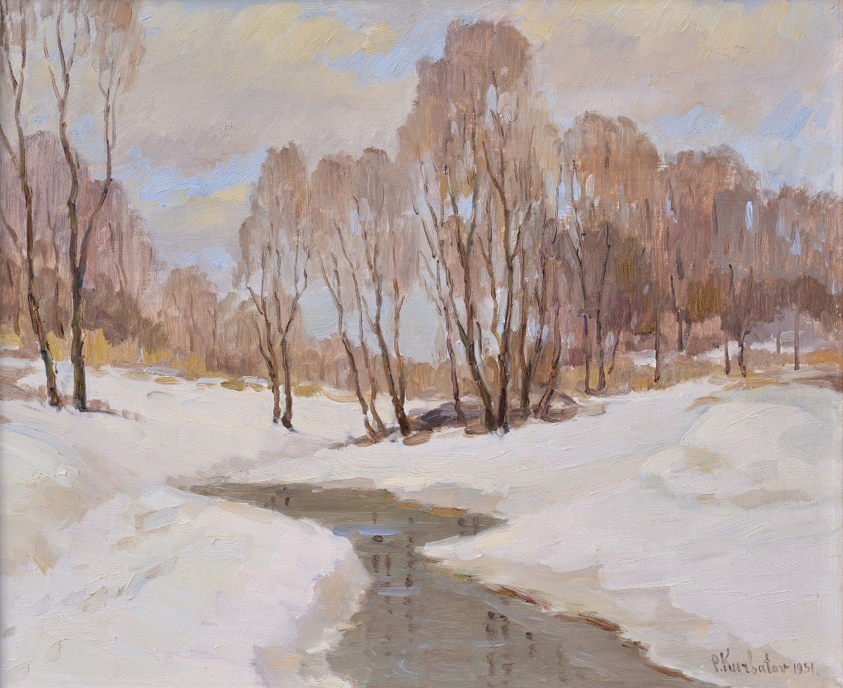 Paysage D’hiver Américain 1951 Peinture à L’huile Vintage Par Le Maître Impressionniste-photo-2