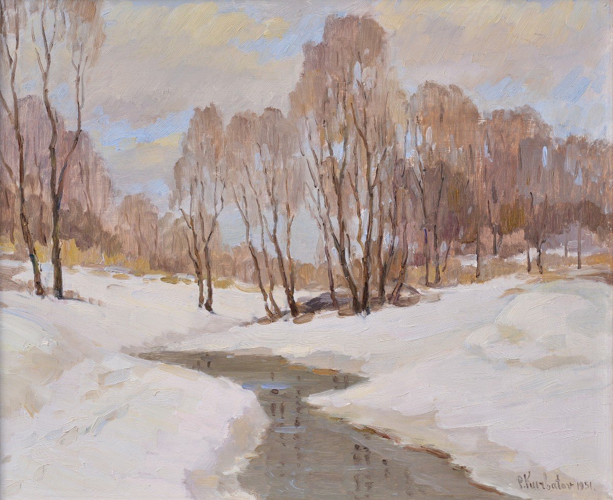 American Winter Landscape 1951 Vintage Oil Painting By Impressionist Master-photo-2