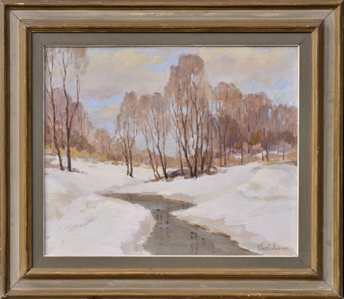 Paysage D’hiver Américain 1951 Peinture à L’huile Vintage Par Le Maître Impressionniste
