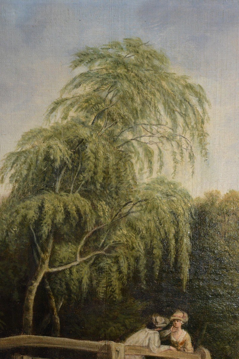 Paysage Pastoral Réunion Sur Un Pont Peinture à l'Huile Sur Toile Du Début Du XIXe Siècle-photo-4