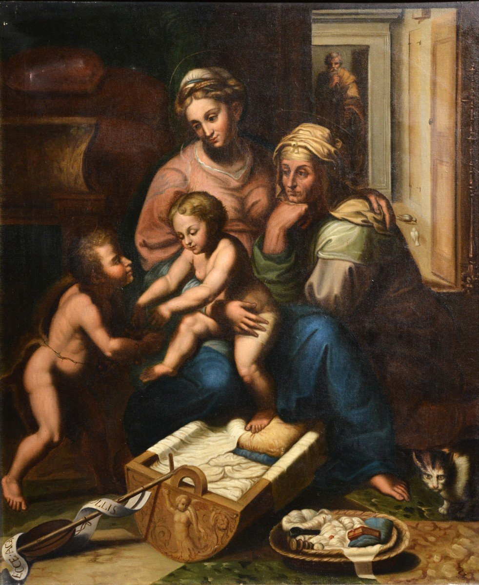 Sainte Famille Avec Sainte Elisabeth Et Le Jeune Jean-baptiste Peinture à l'Huile Du 19ème Sièc-photo-2