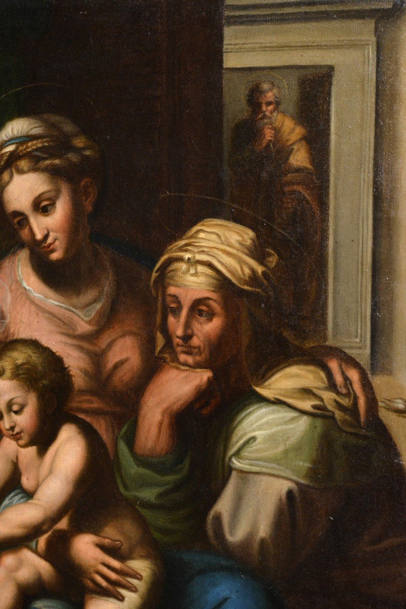 Sainte Famille Avec Sainte Elisabeth Et Le Jeune Jean-baptiste Peinture à l'Huile Du 19ème Sièc-photo-1
