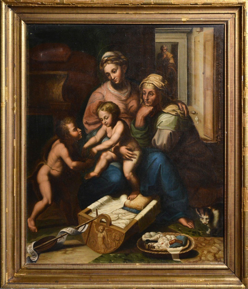 Sainte Famille Avec Sainte Elisabeth Et Le Jeune Jean-baptiste Peinture à l'Huile Du 19ème Sièc