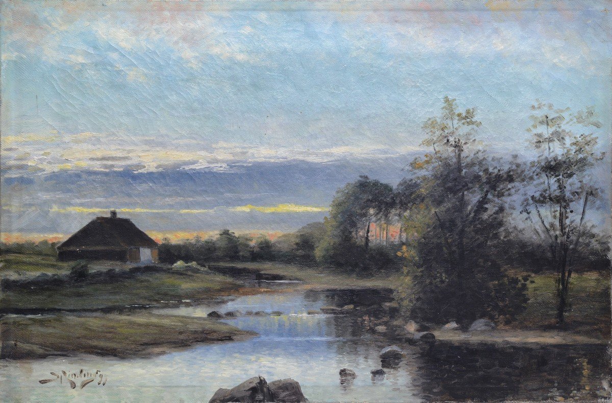 Evening Twilight On River 1899 Scandinavian Oil Painting On Canvas Signed Framed-photo-2