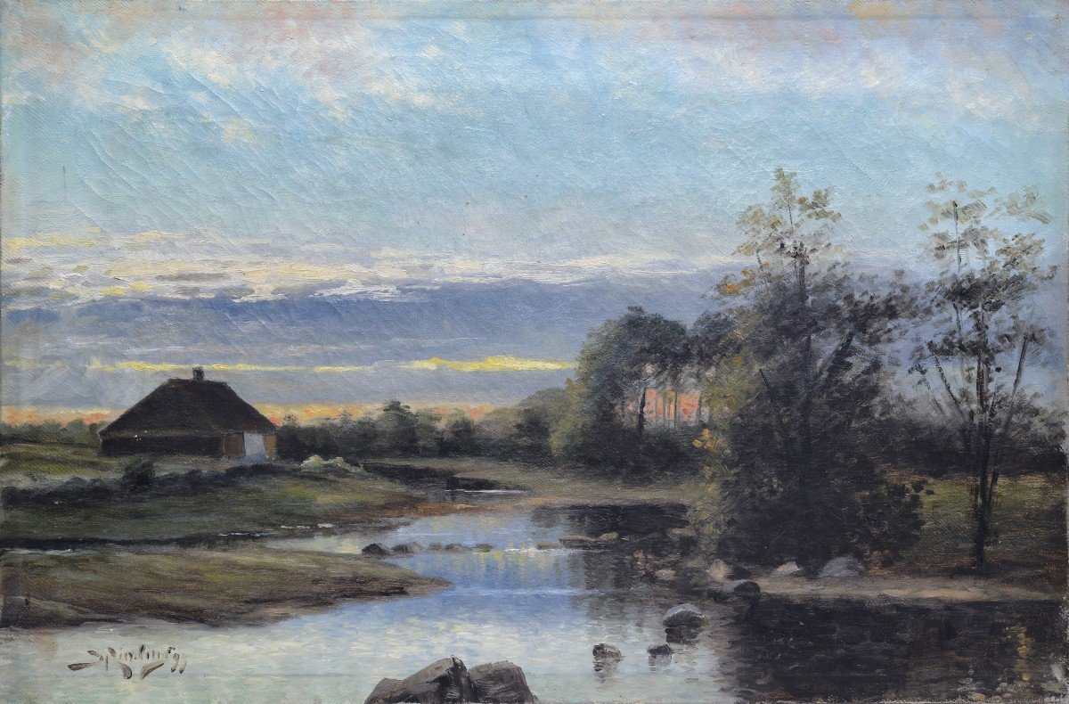 Crépuscule Du Soir Sur La Rivière 1899 Peinture à L’huile Scandinave Sur Toile Signée Encadrée-photo-2