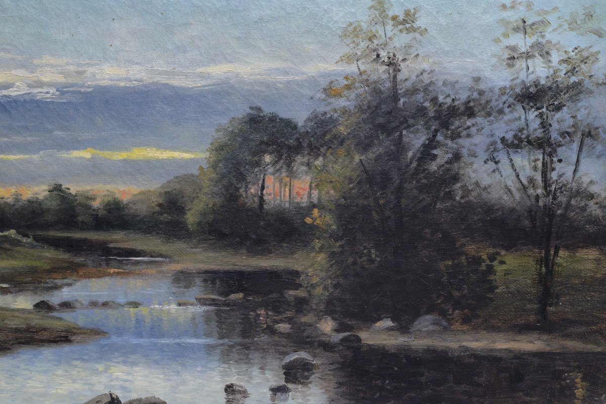 Crépuscule Du Soir Sur La Rivière 1899 Peinture à L’huile Scandinave Sur Toile Signée Encadrée-photo-3