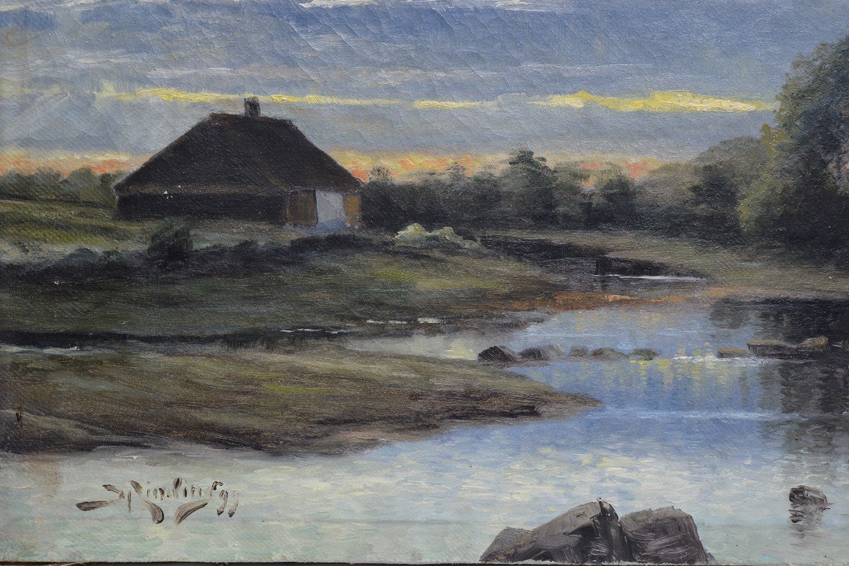 Evening Twilight On River 1899 Scandinavian Oil Painting On Canvas Signed Framed-photo-4