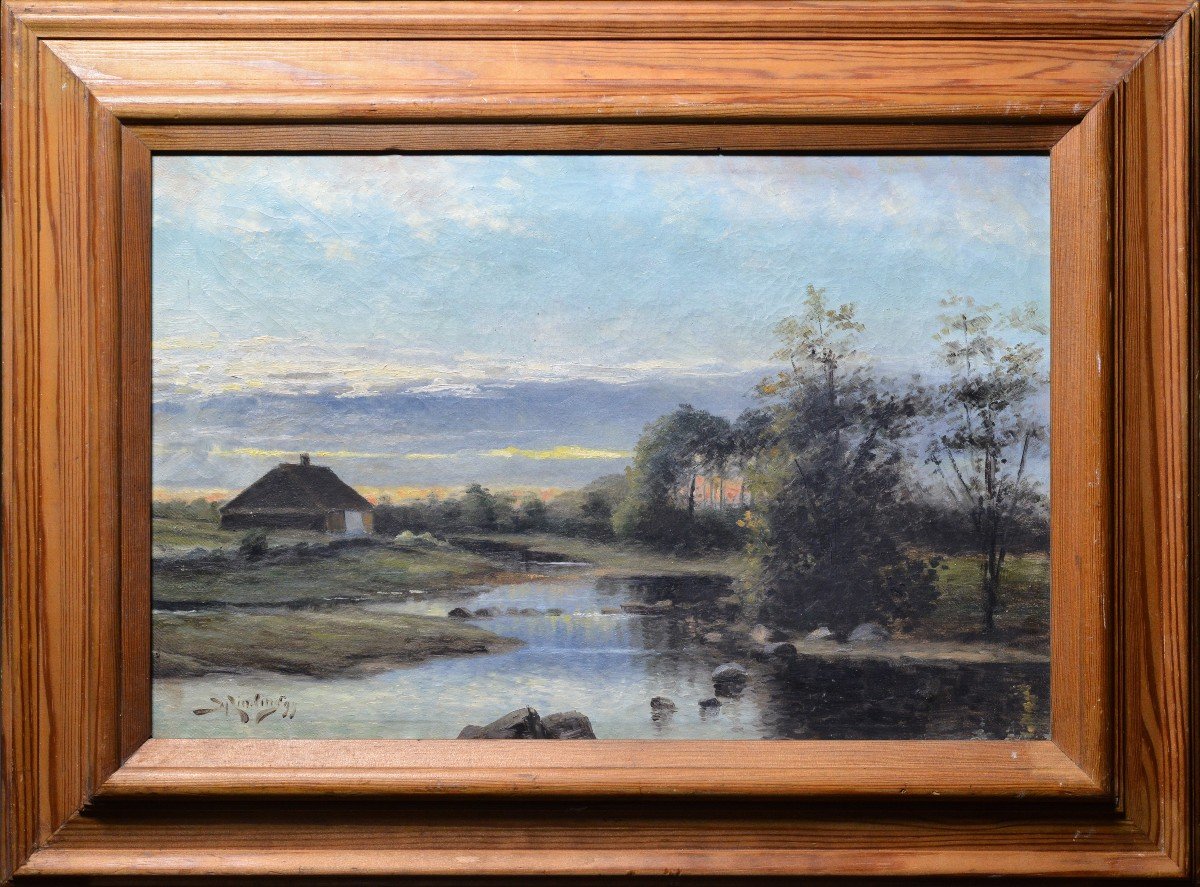 Crépuscule Du Soir Sur La Rivière 1899 Peinture à L’huile Scandinave Sur Toile Signée Encadrée