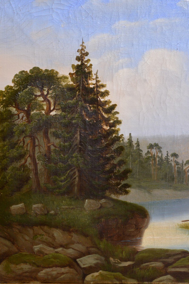 Fishermen On River Idyllic Scandinavian Landscape 19th Century Oil Painting-photo-1