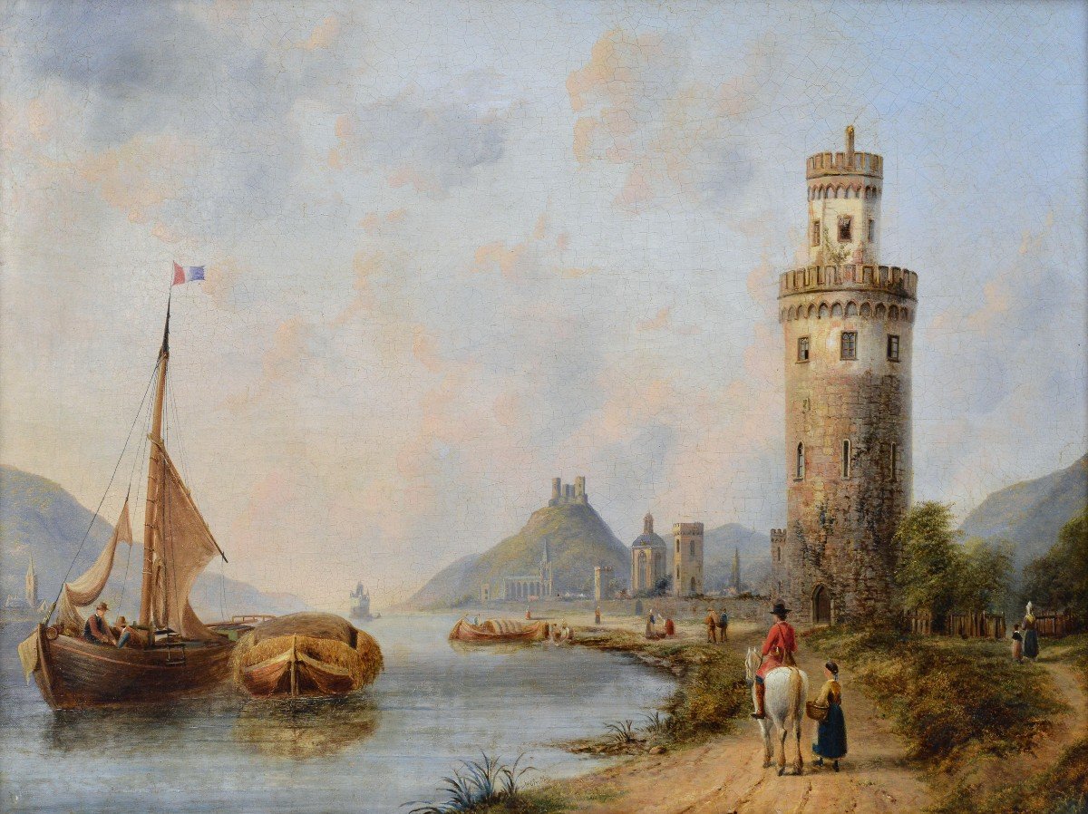 Oberwesel On Rhein Scenic Landscape 19th Century British Master Oil Painting-photo-2