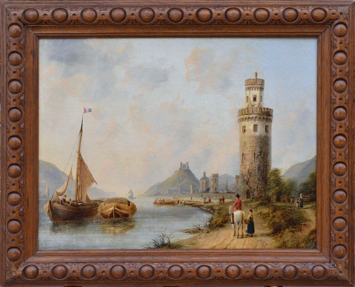 Oberwesel Sur Le Paysage Pittoresque Du Rhin Peinture à L’huile De Maître Britannique Du 19e Si