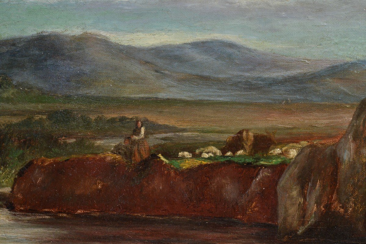 Fording The River Landscape Peinture à l'Huile Du Maître Britannique Nasmyth Du 19e Siècle-photo-3