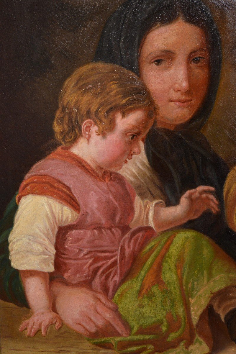 Portrait De Famille Mère Avec Enfants Jouant Des Pièces De Monnaie Encadrée Peinture à L’huile -photo-3