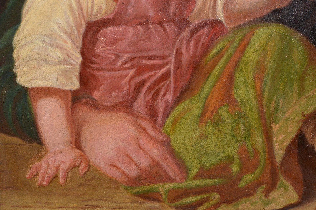 Portrait De Famille Mère Avec Enfants Jouant Des Pièces De Monnaie Encadrée Peinture à L’huile -photo-2
