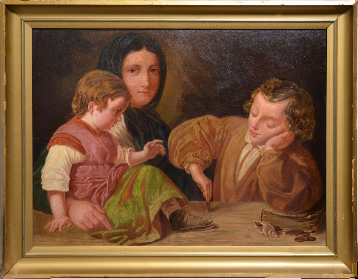 Family Portrait Mother With Children Playing Coins Framed Antique Oil Painting 