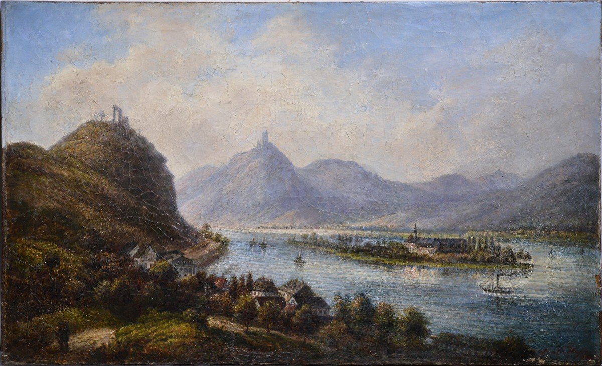 Paysage De Vallée Alpine Avec Hautes Collines Et Rivière Peinture à l'Huile Du 19ème Siècle-photo-2