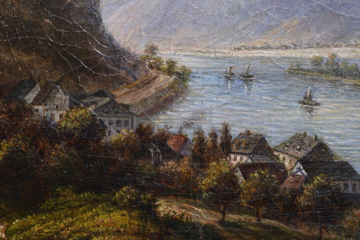 Paysage De Vallée Alpine Avec Hautes Collines Et Rivière Peinture à l'Huile Du 19ème Siècle-photo-1