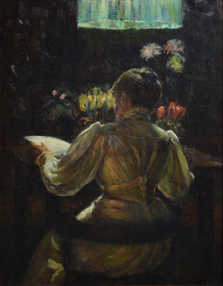 Scène intime avec des fleurs et une dame lisant 1897 Peinture à l'huile norvégienne par Hansen-photo-2