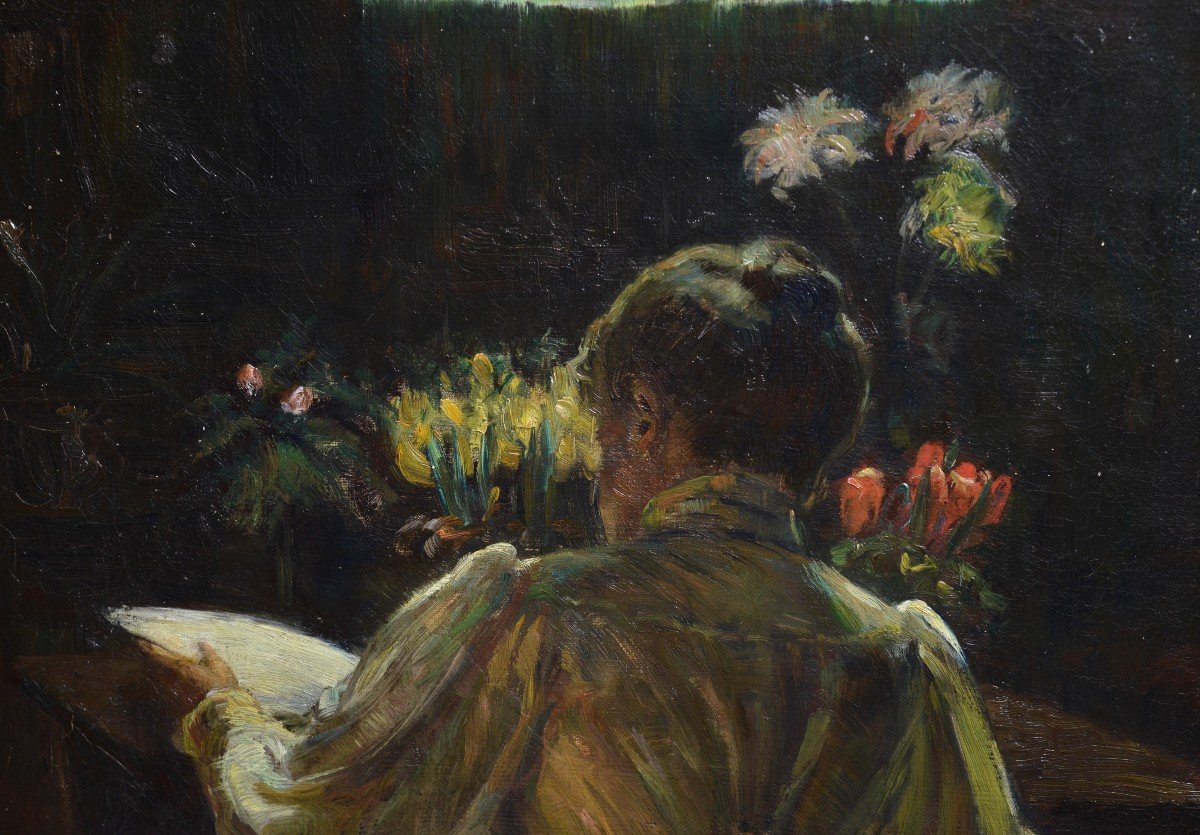 Scène intime avec des fleurs et une dame lisant 1897 Peinture à l'huile norvégienne par Hansen-photo-3