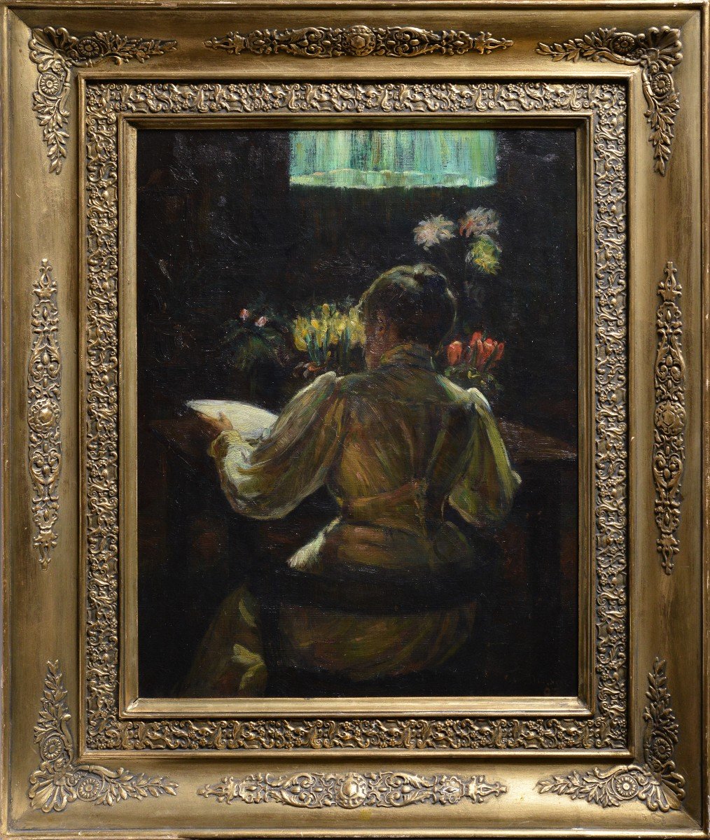 Scène intime avec des fleurs et une dame lisant 1897 Peinture à l'huile norvégienne par Hansen