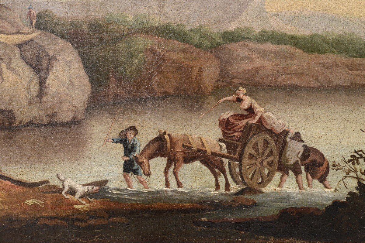 Traversée Du Gué Capriccio Paysage Baroque Peinture à l'Huile XVIIIe Siècle-photo-2