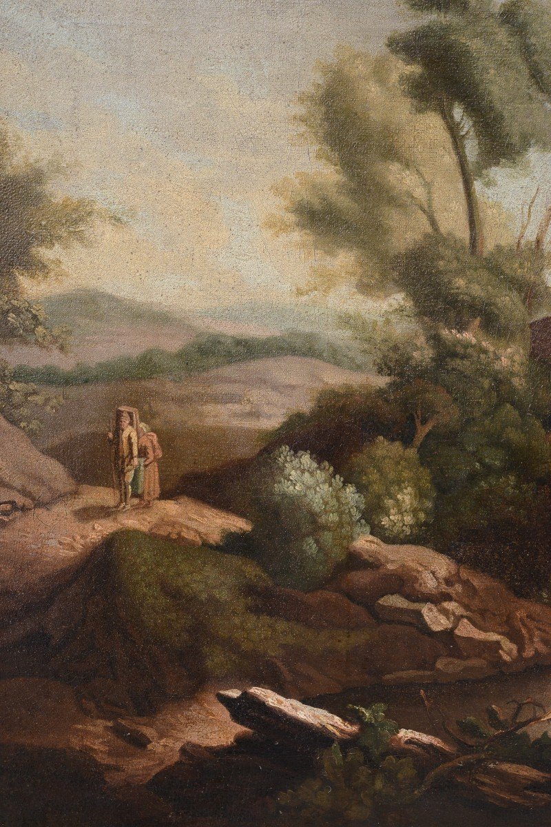 Traversée Du Gué Capriccio Paysage Baroque Peinture à l'Huile XVIIIe Siècle-photo-4