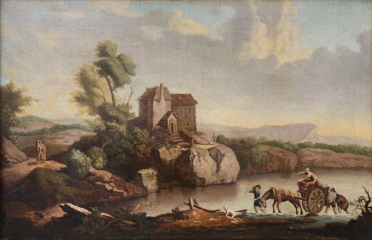 Traversée Du Gué Capriccio Paysage Baroque Peinture à l'Huile XVIIIe Siècle