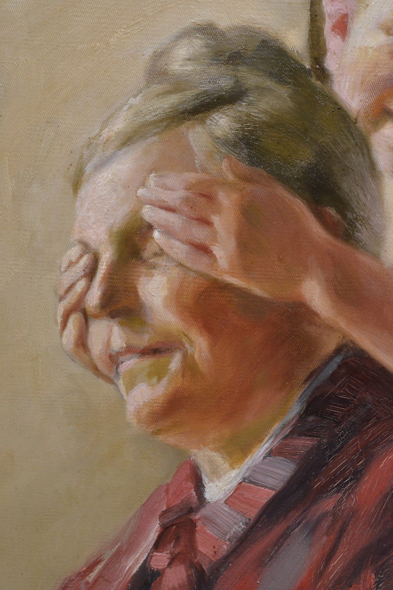 Hide N Seek Home Scene W Grandma Russian Early 20th Century Oil Genre Painting-photo-4