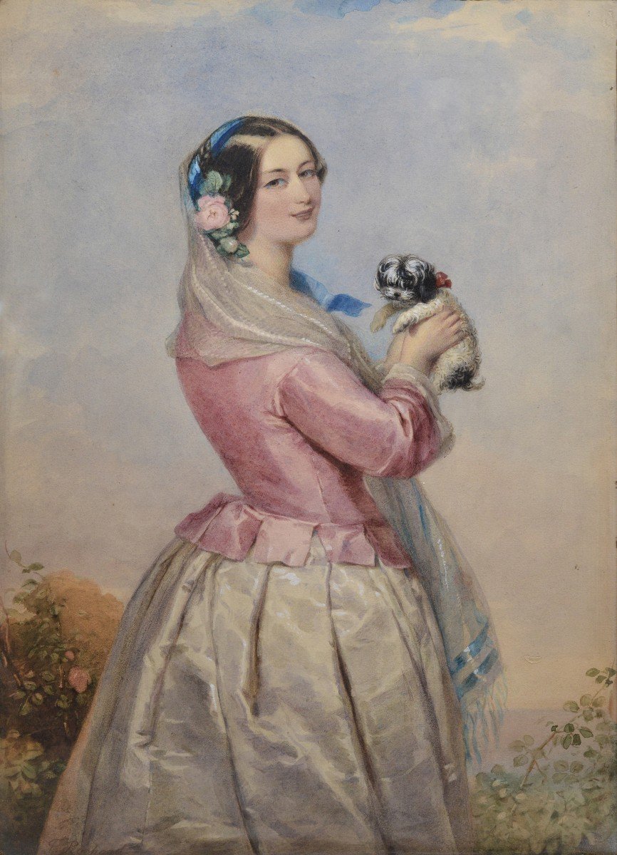 Portrait Young Lady W Tiny Dog 19th Century Watercolor From Wallace Collection-photo-2
