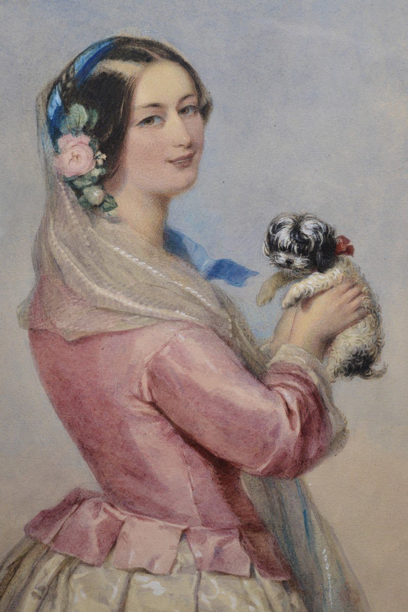 Portrait Young Lady W Tiny Dog 19th Century Watercolor From Wallace Collection-photo-3