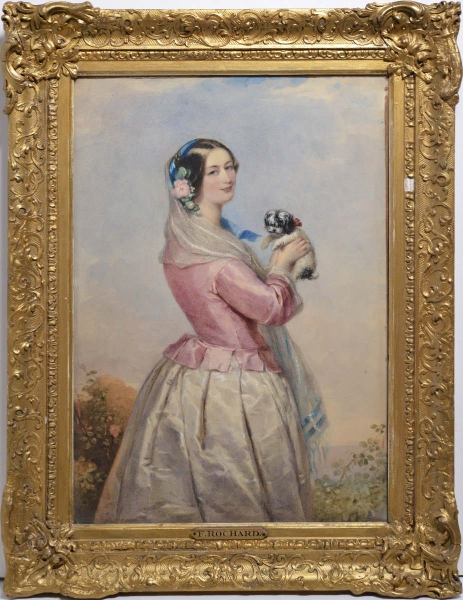 Portrait Jeune Femme Avec Petit Chien Aquarelle Du 19ème Siècle De Wallace Collection