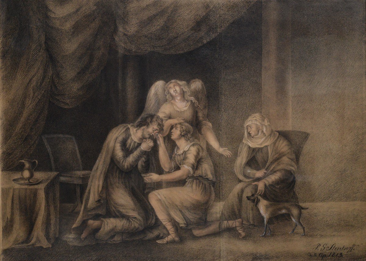 Scène Ancien Testament Avec Ange 1813 Grand Dessin Grisaille Sur Papier Signé-photo-2