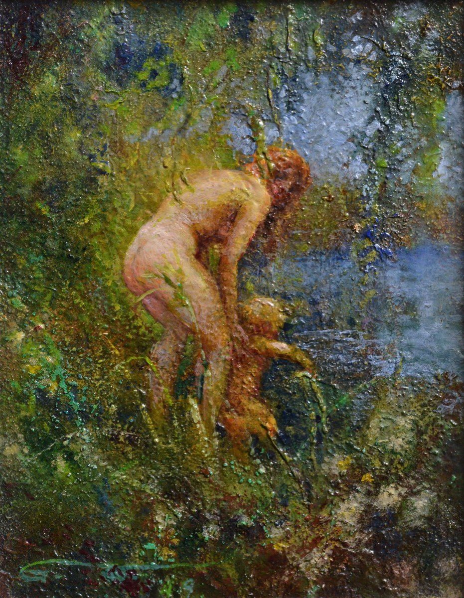 Woman Bathes Child In River Ca 1932 Oil Painting By Swedish Master Widholm-photo-2