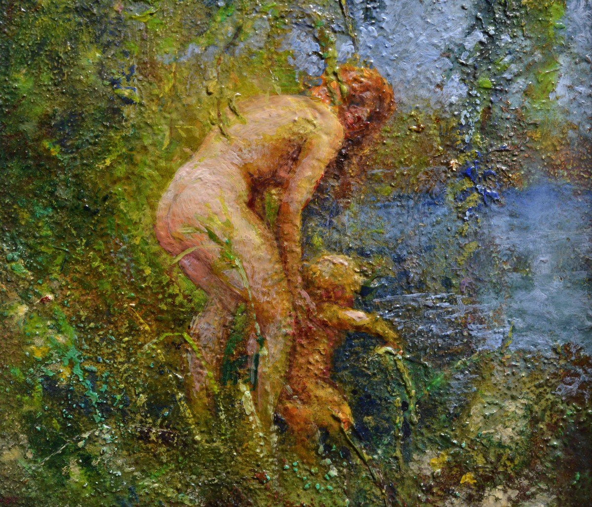 Woman Bathes Child In River Ca 1932 Oil Painting By Swedish Master Widholm-photo-3
